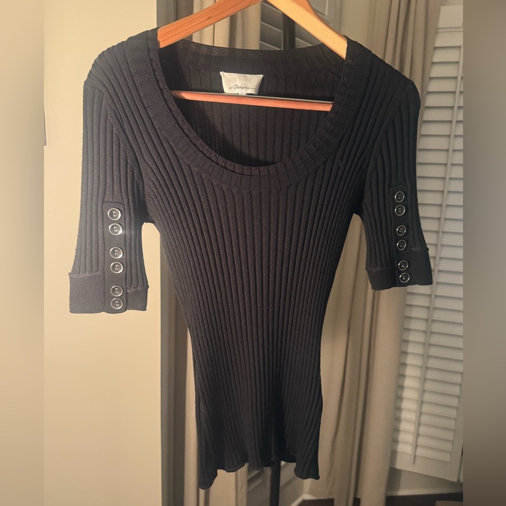 3.1 Phillip Lim Black Top Ribbed Wool Blend Stretchy Short Button Sleeve Women S